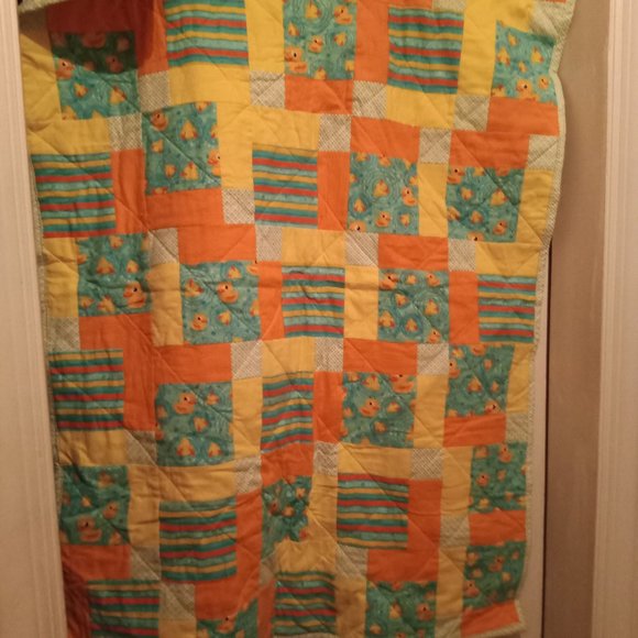 Quited Baby/Crib Blanket Patchwork ducks and pastels handmade 33x44 inches
